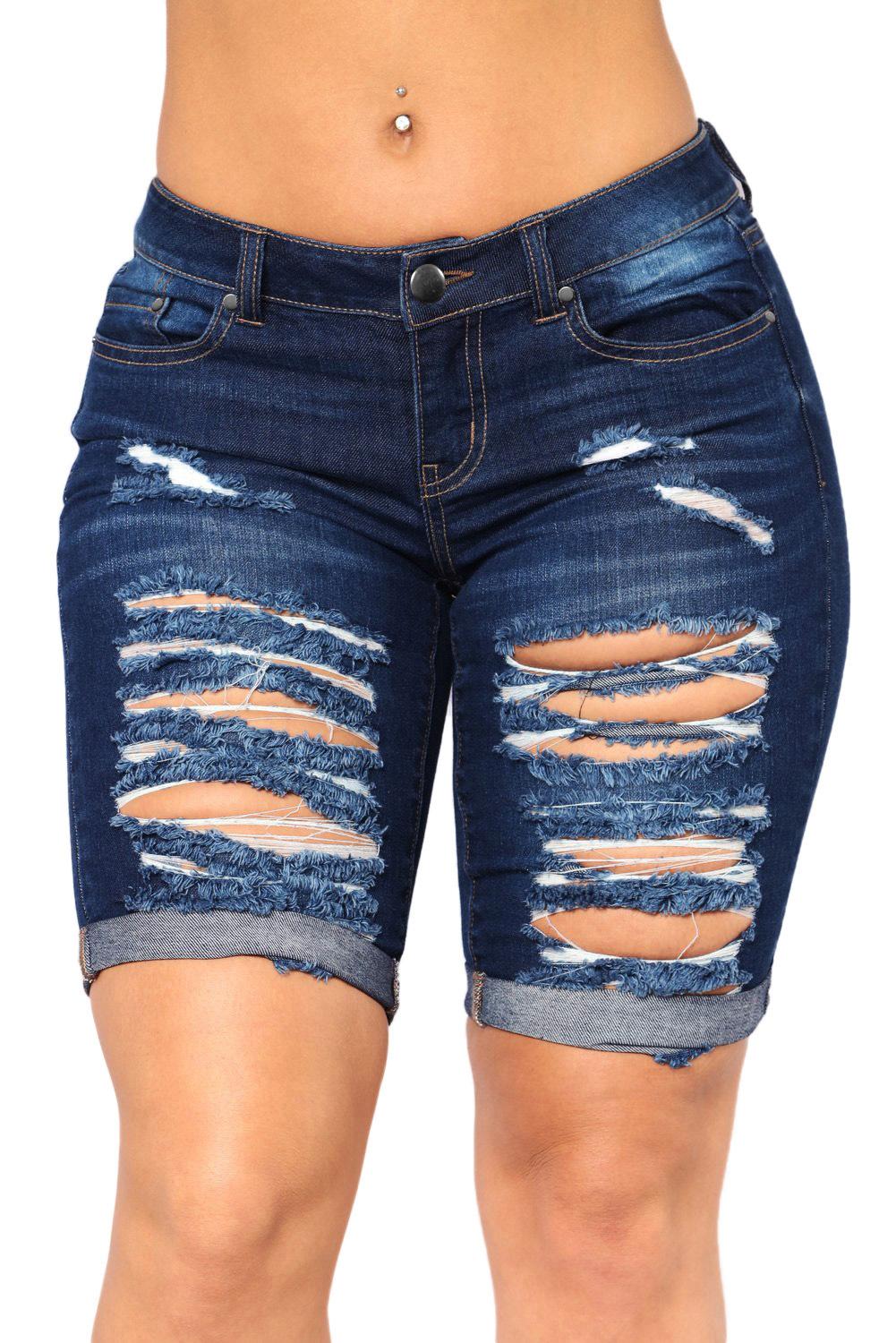 Stylish Dark Blue Denim Ripped Bermuda Shorts