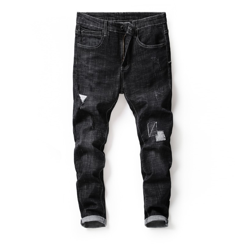 Men fashion Men’s black ripped and patched jeans for Fall