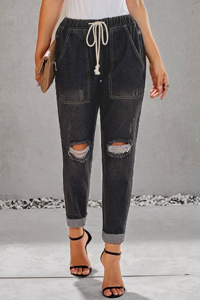 distressed pocketed denim joggers
