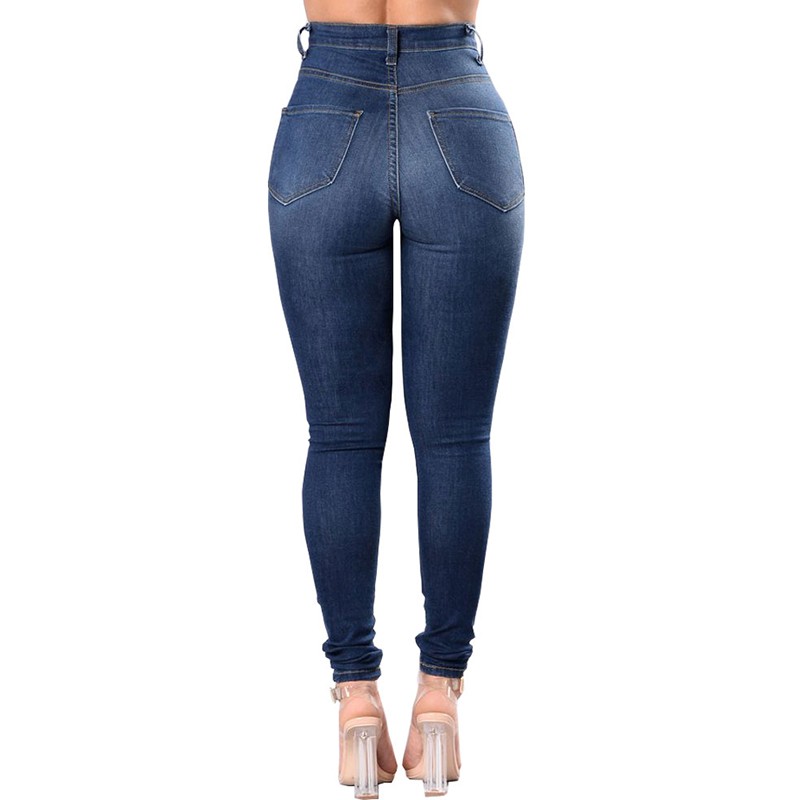 Fashion Ripped Dark Blue Skinny High Waist Denim Jeans For Women Size ...