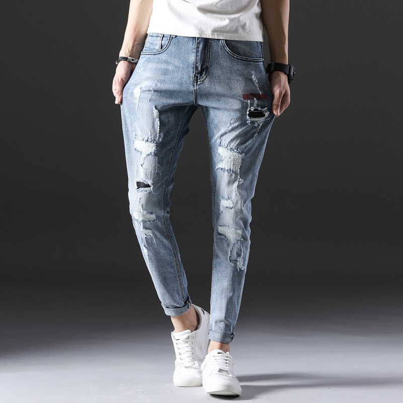 Fashionable ice blue mens ripped skinny jeans