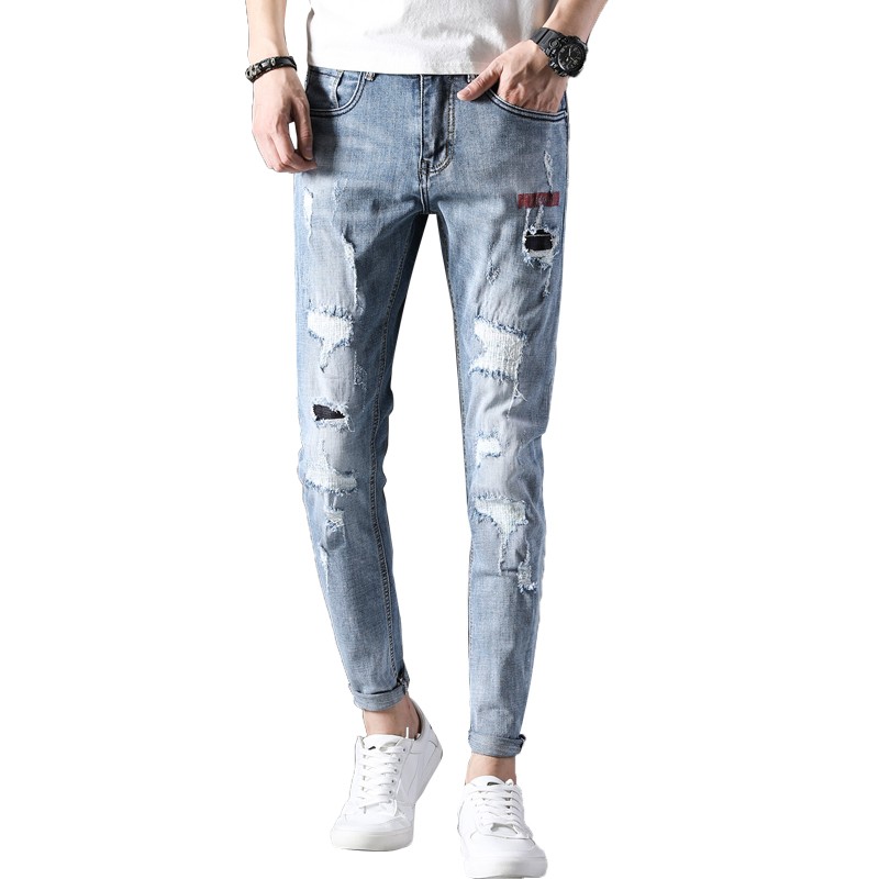 Fashionable ice blue mens ripped skinny jeans