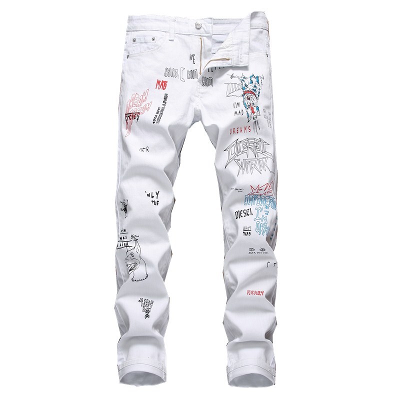 Factory direct wholesale Fashionable white printed slim fit jeans,raw denim