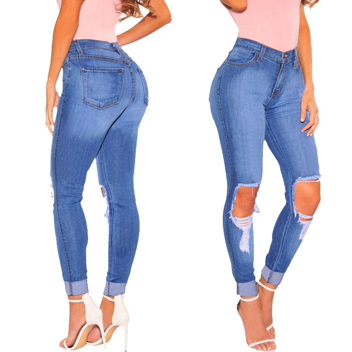 Hot-selling High-waist Skinny Fit Light Blue Ripped Denim Jeans For ...