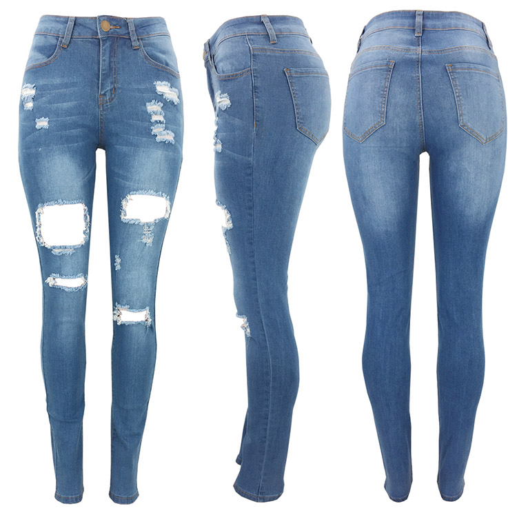 Wholesale Ladies Ripped Hole Skinny Jeans Light Blue Color Size S-XXL