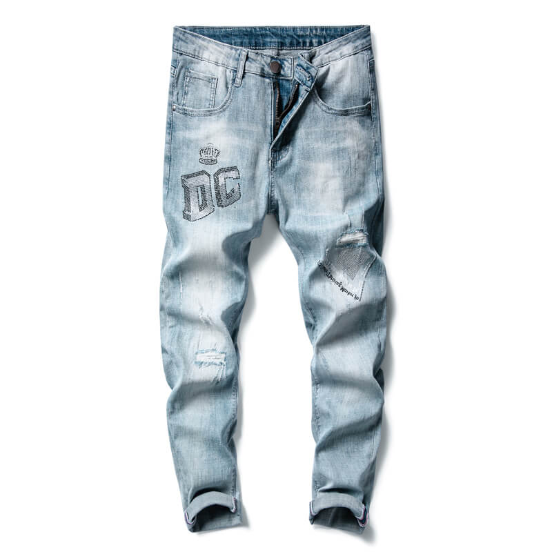 Wholesale Light Blue Men Skinny Fit Jeans Pants With Heat Print Size 29-38
