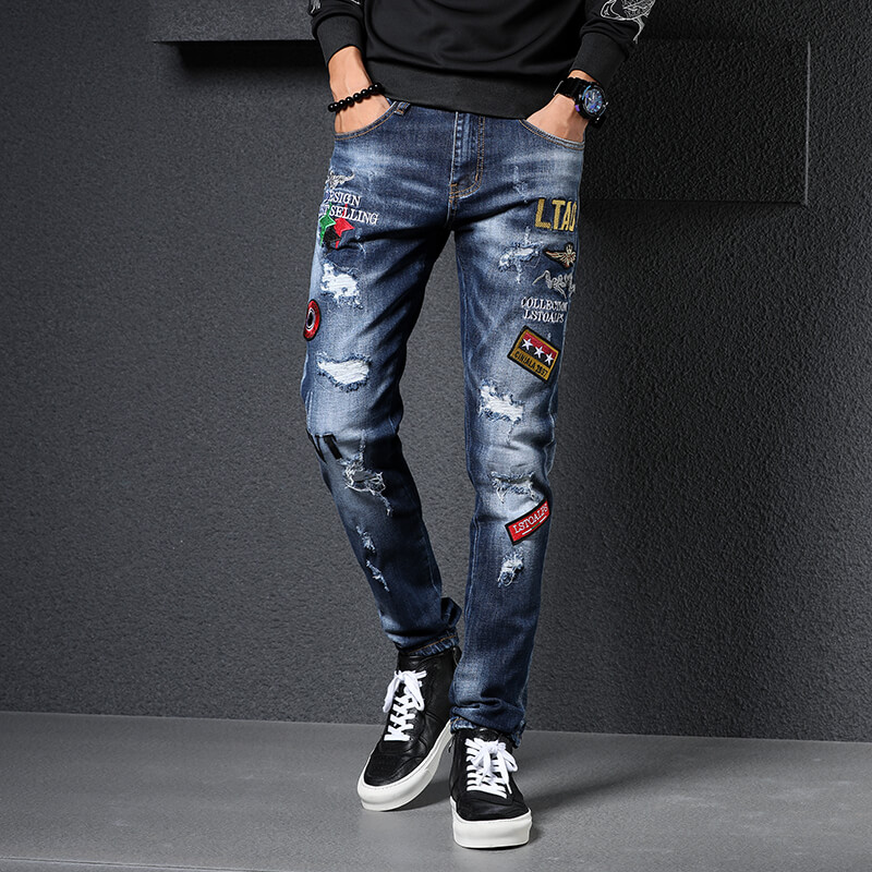 Easy Matching Men Dark Blue Fashion Patched Skinny Fit Ripped Denim ...