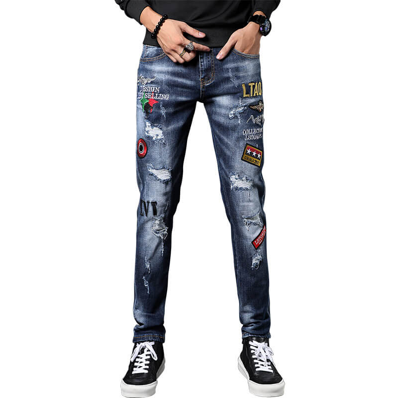Easy Matching Men Dark Blue Fashion Patched Skinny Fit Ripped Denim ...