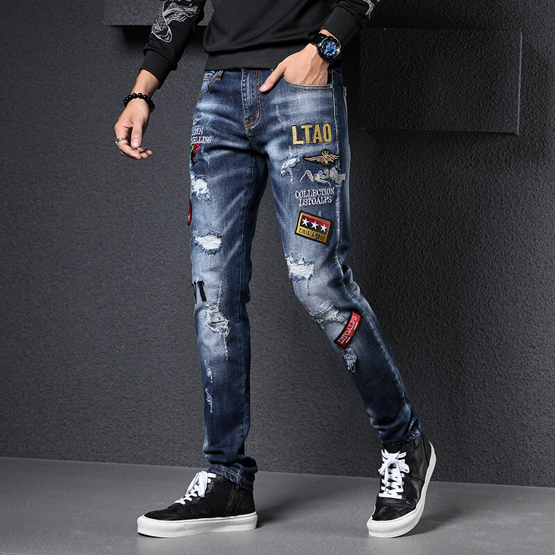 Easy Matching Men Dark Blue Fashion Patched Skinny Fit Ripped Denim ...