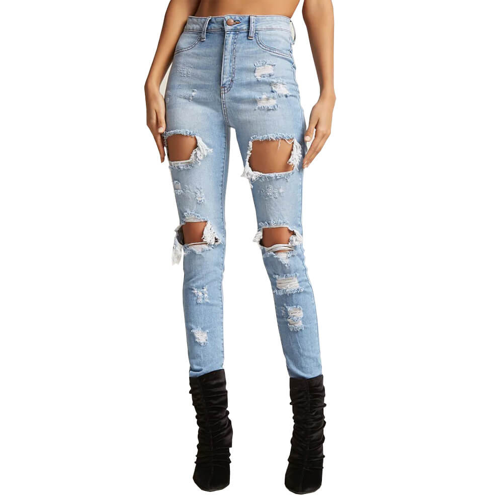 Super Fashion Light Blue Ripped Skinny Denim Jeans For Women Size S-XXL