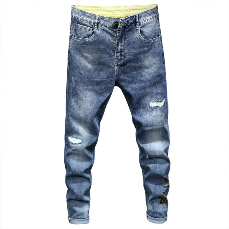 Trendy Fashion Ripped Light BLue Slim Fit Denim Pants Men 28-38