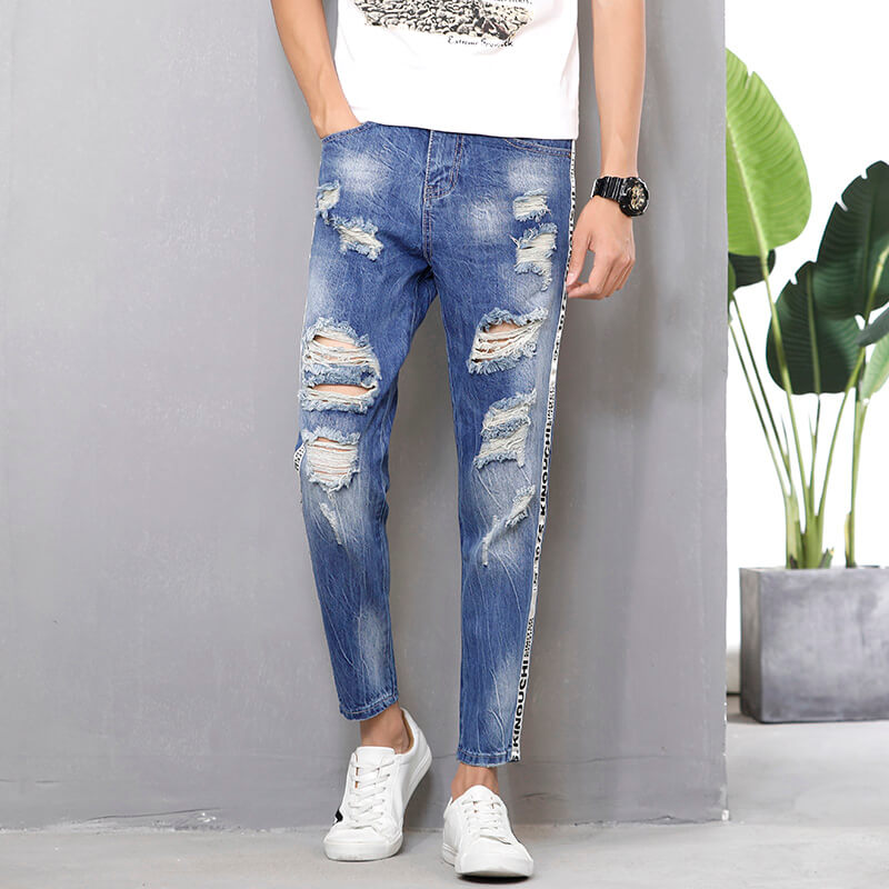 Fashion Tapered Slim Fit None Stretch Men Ankle Length Ripped Hole Jeans