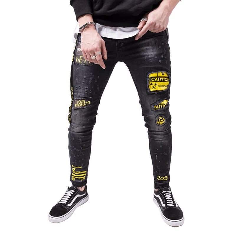 New Design Black Skinny Fit Ripped Men Jeans With Side Stripe