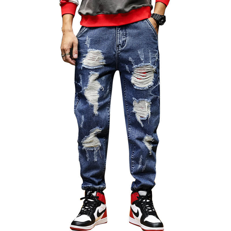 Discounted Wholesale Cool Medium Blue Loose Fit Destroyed Denim Jogger ...
