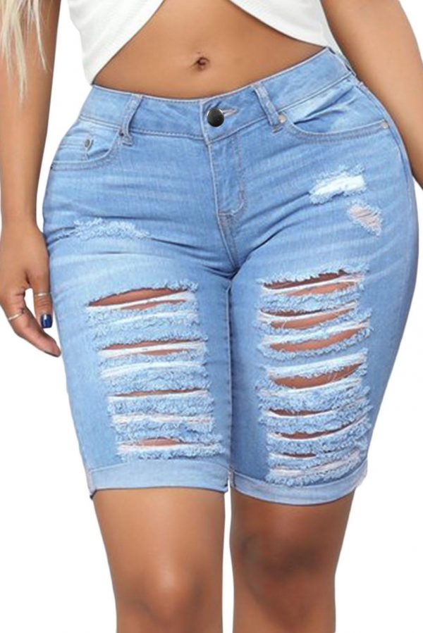 Fashionable Light Blue Denim Ripped Bermuda Shorts – wholesale jeans ...
