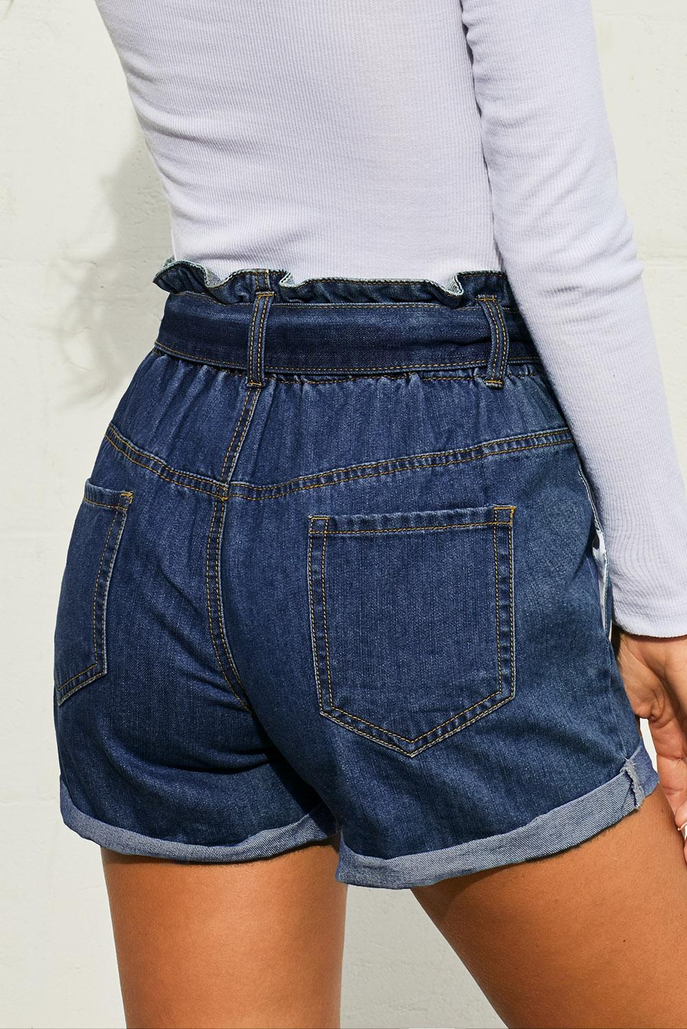 Elegant Medium Blue Paper Bag Waist Denim Shorts