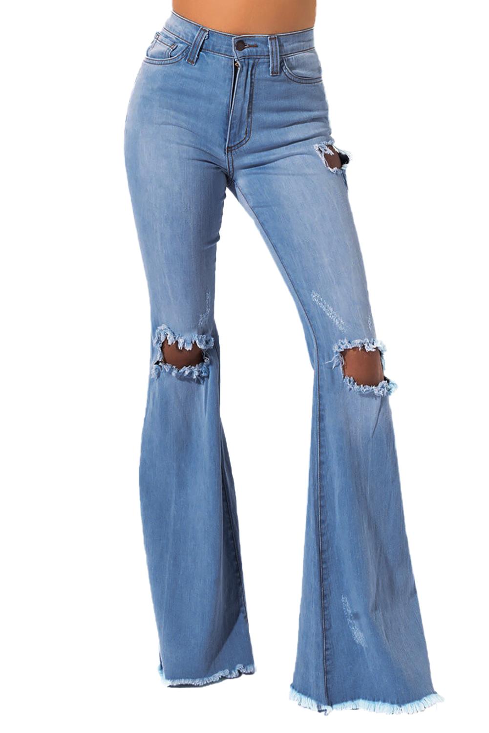 Stylish Sky Blue High Waisted Distressed Flare Jeans