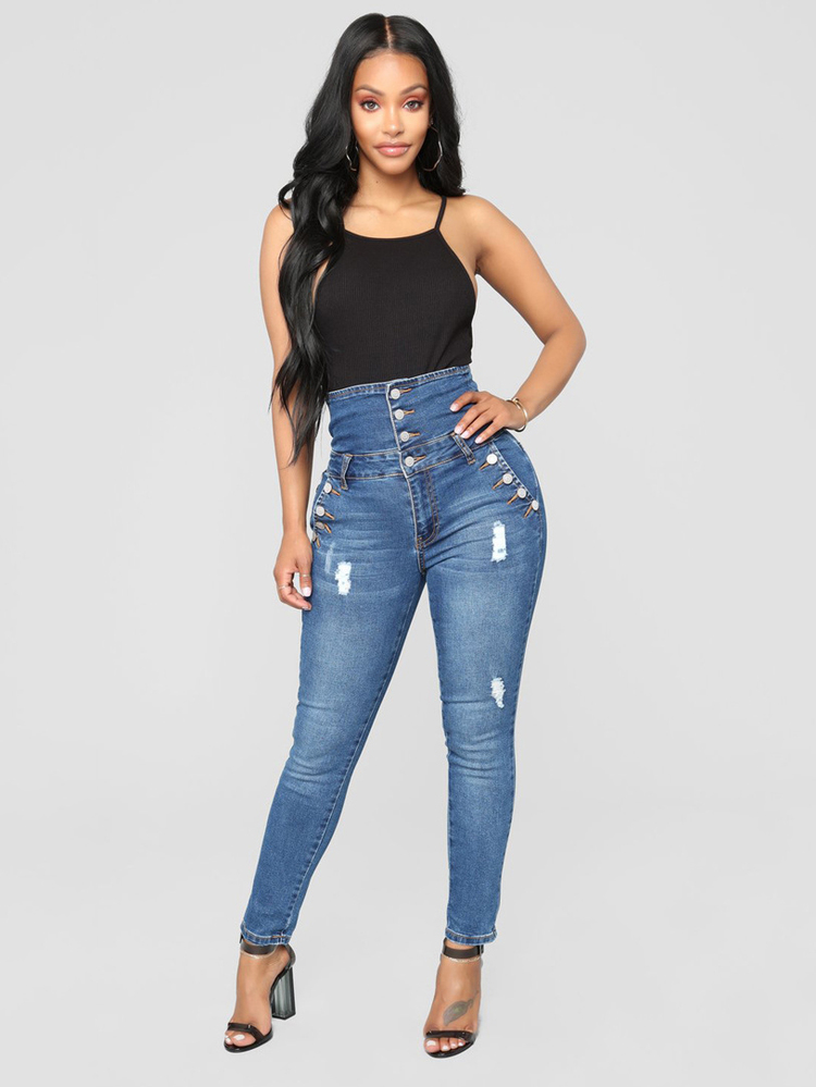 Chic Chic Button Worn Out Dark Blue Denim Jeans