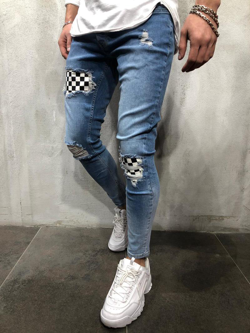 Smart Stylish Plaid Patch Ripped Pencil Jeans For Men