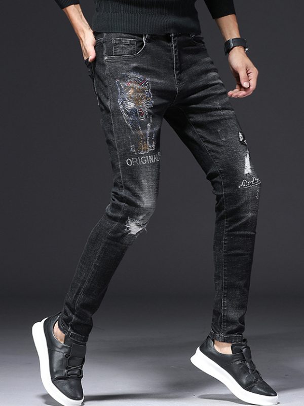 Classic Leopard Pattern Slim Fit Embroidery Distressed Jeans ...