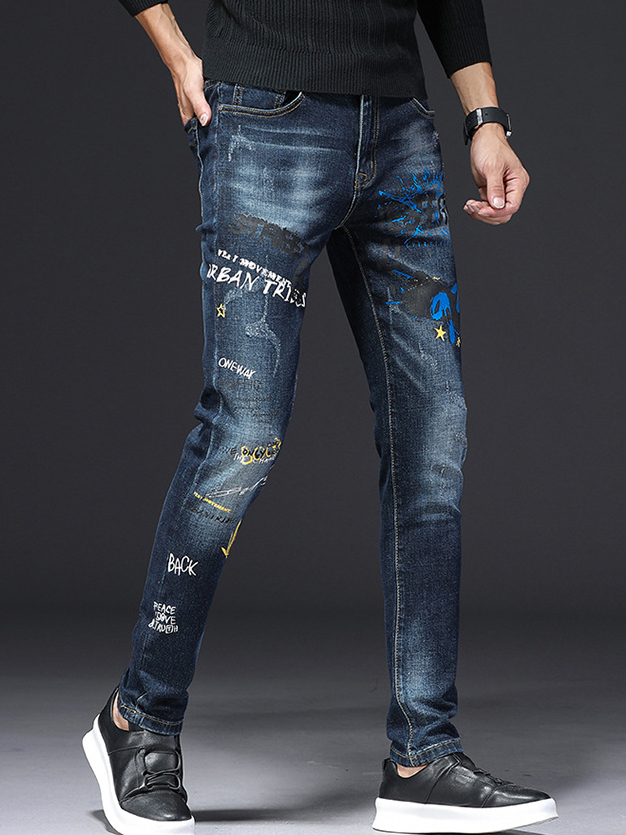 Versatile Winter Printed Mens Skinny Jeans