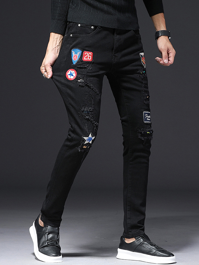 Casual Badge Patch Embroidery Black Jeans Pant