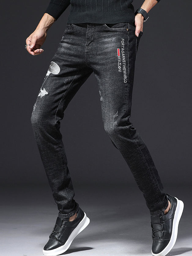 Daily Style Embroidery Ptinted Black Men Jeans