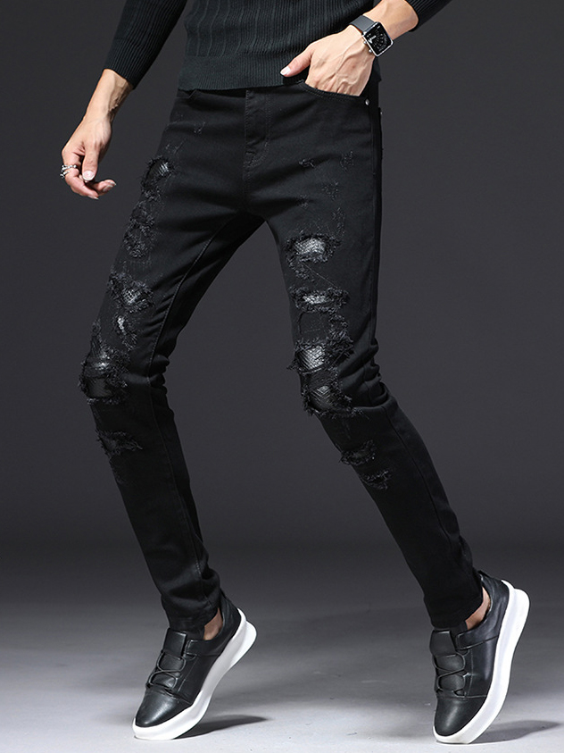 Attractive Black Patchwork Long Ripped Jeans