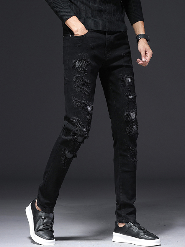 Attractive Black Patchwork Long Ripped Jeans