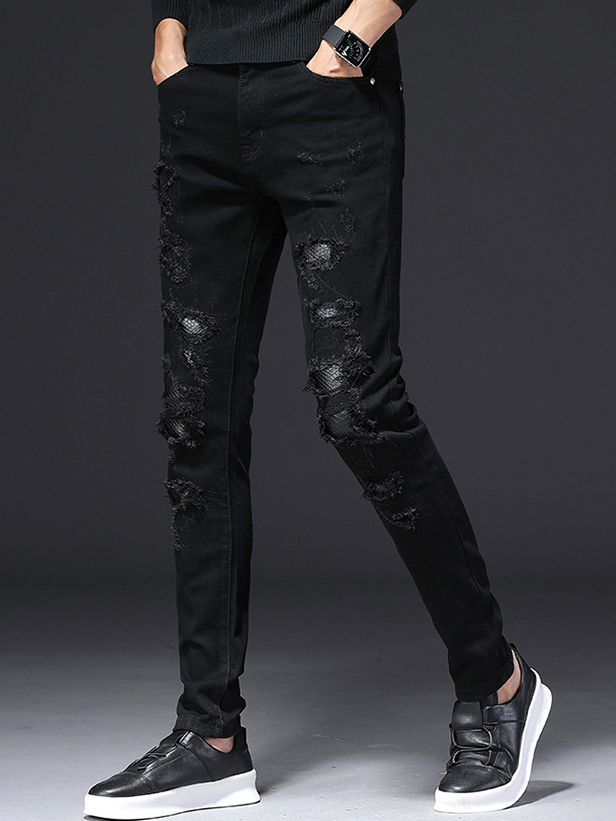 Attractive Black Patchwork Long Ripped Jeans