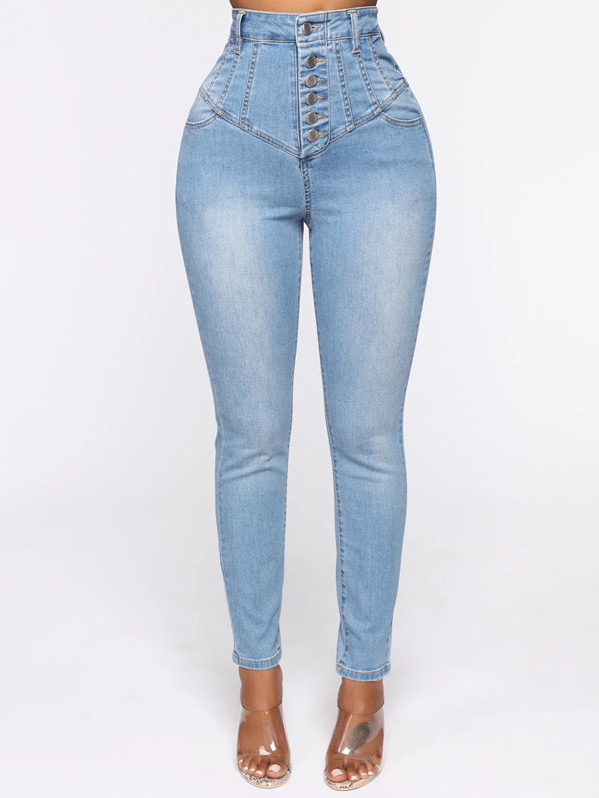 Casual Solid Color Button Fly High Waisted Jeans for women