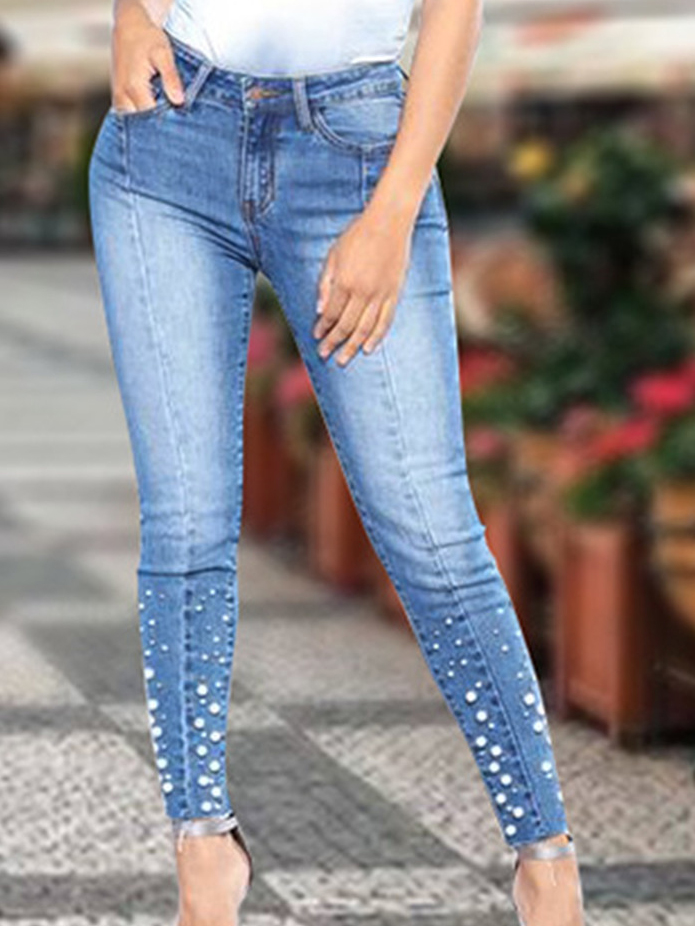 Versatile Studded Decor Natural Waist Women Skinny Jeans