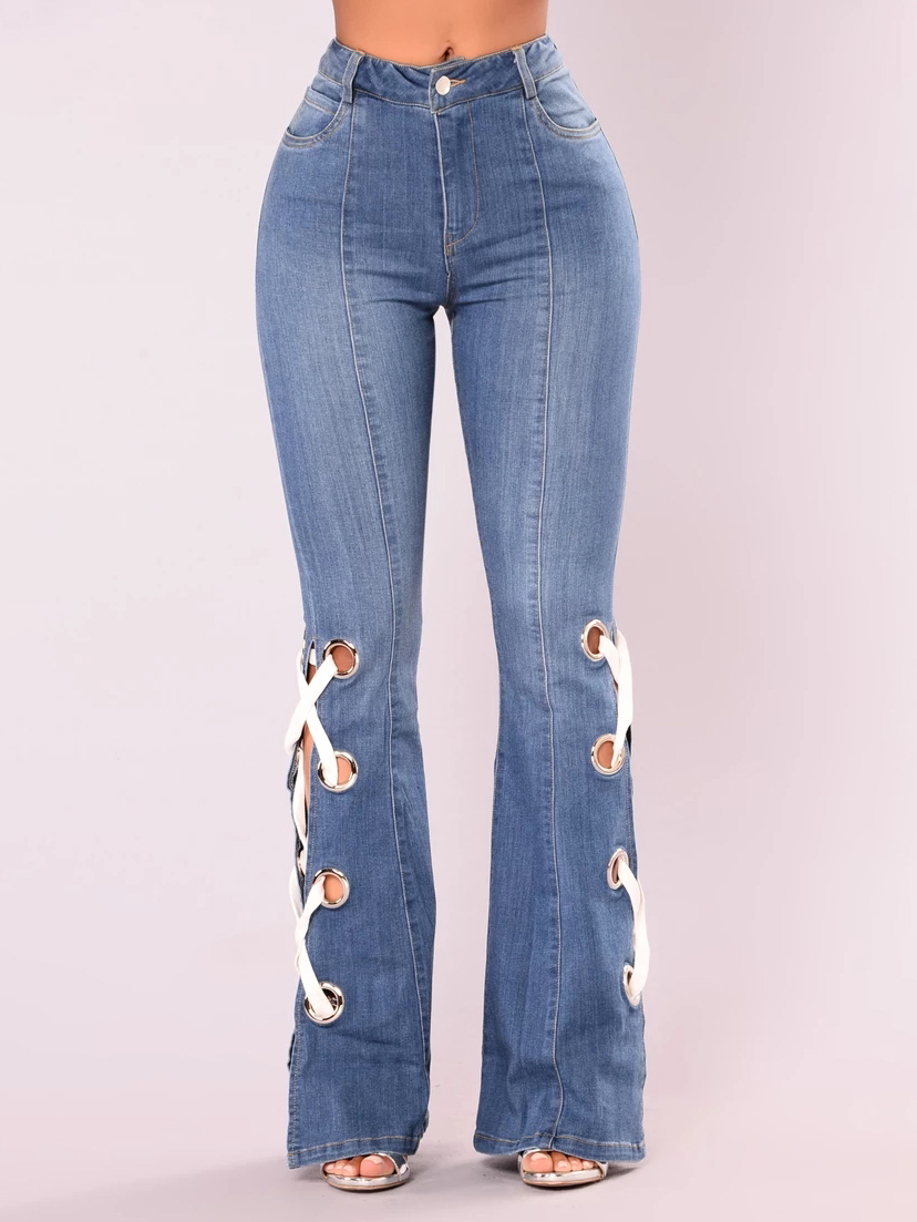 Daily Style Side Lace Up Split Bottom Flare Jeans In Blue