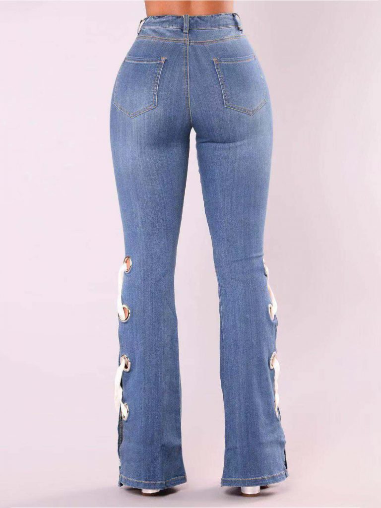 Daily Style Side Lace Up Split Bottom Flare Jeans In Blue – wholesale ...