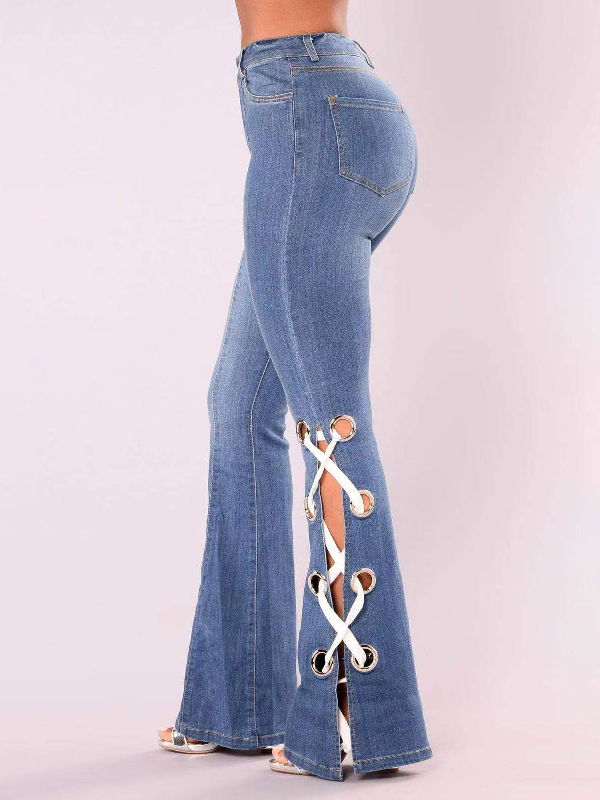 Daily Style Side Lace Up Split Bottom Flare Jeans In Blue