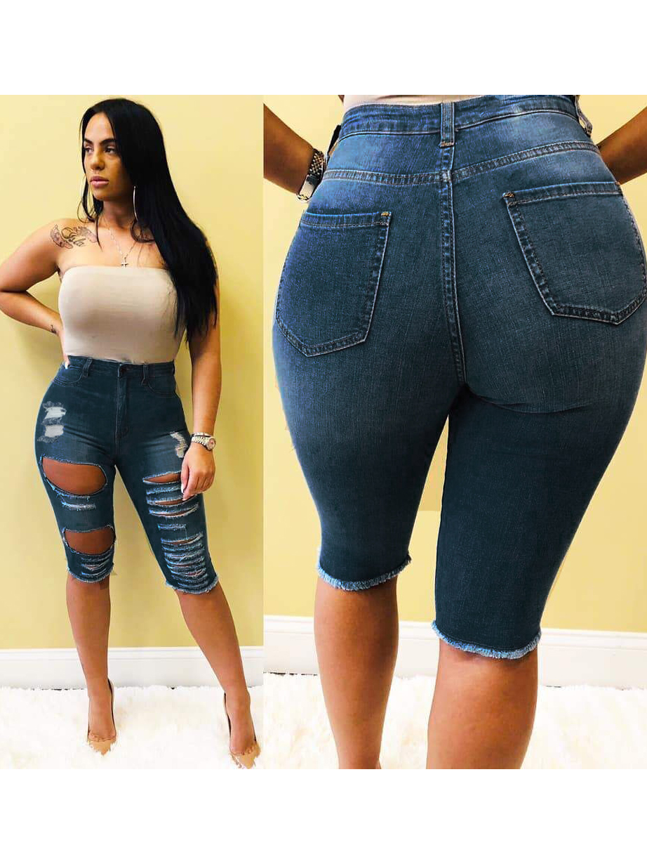 Popular Hot Sale Half Length Ladies Ripped Jeans