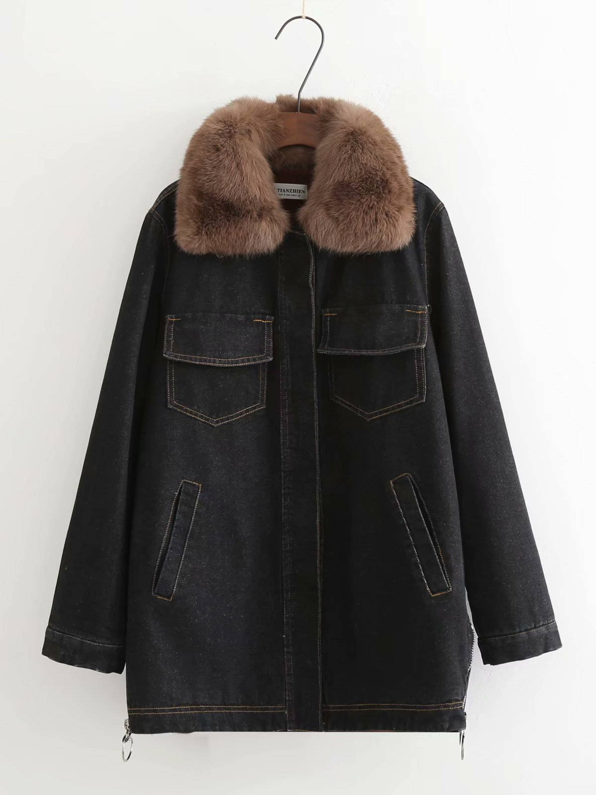 Fashionable Denim Long Faux Fur Coat