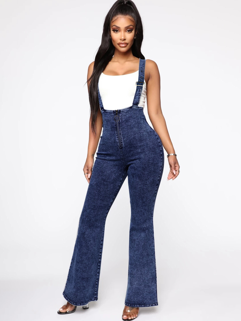 Chic Solid Zipper Fly High Waist Flare Suspenders Jeans