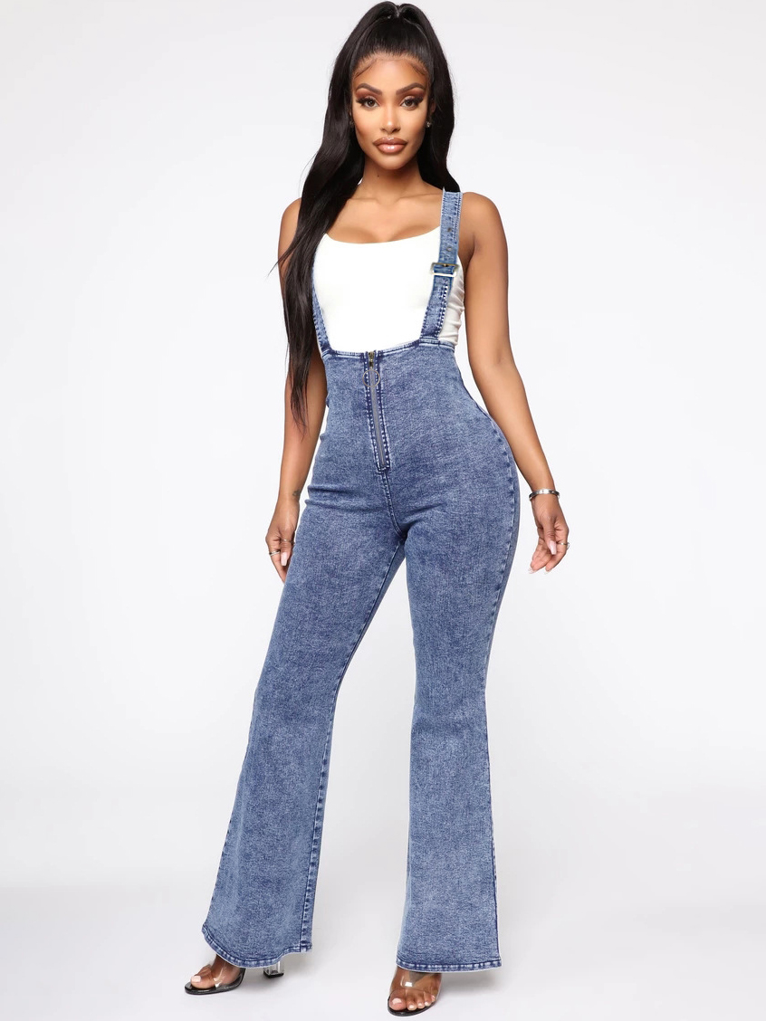 Chic Solid Zipper Fly High Waist Flare Suspenders Jeans