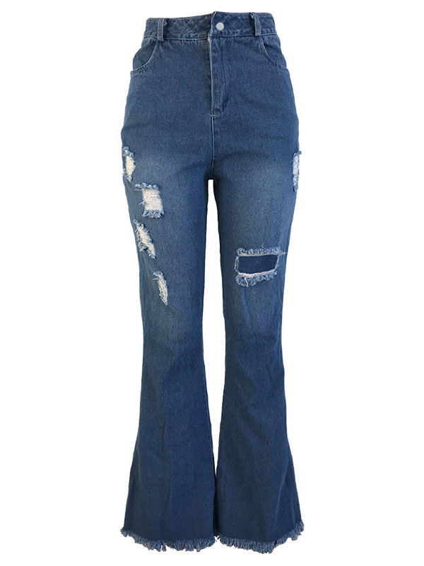 Gorgeous Solid Stringy Selvedge High Waist Hole Flare Jeans