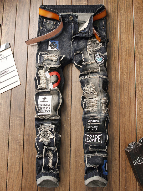 Eye-catching Hip Hop Letter Appliques Ripped Jeans For Men