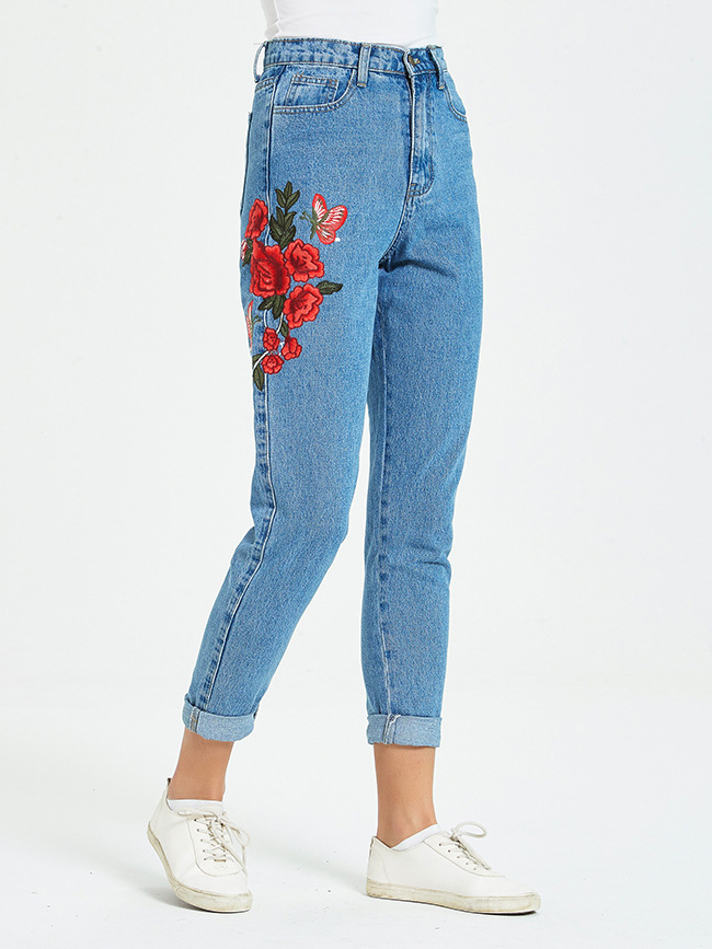 Casual Embroidered Flower Straight High Waisted Jeans