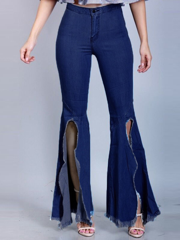 Chic Dark Blue Split Bottom Trendy Flare Jeans