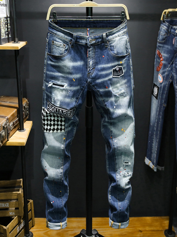 Casual Plaid Letter Pattern Patchwork Slim Fit Jeans