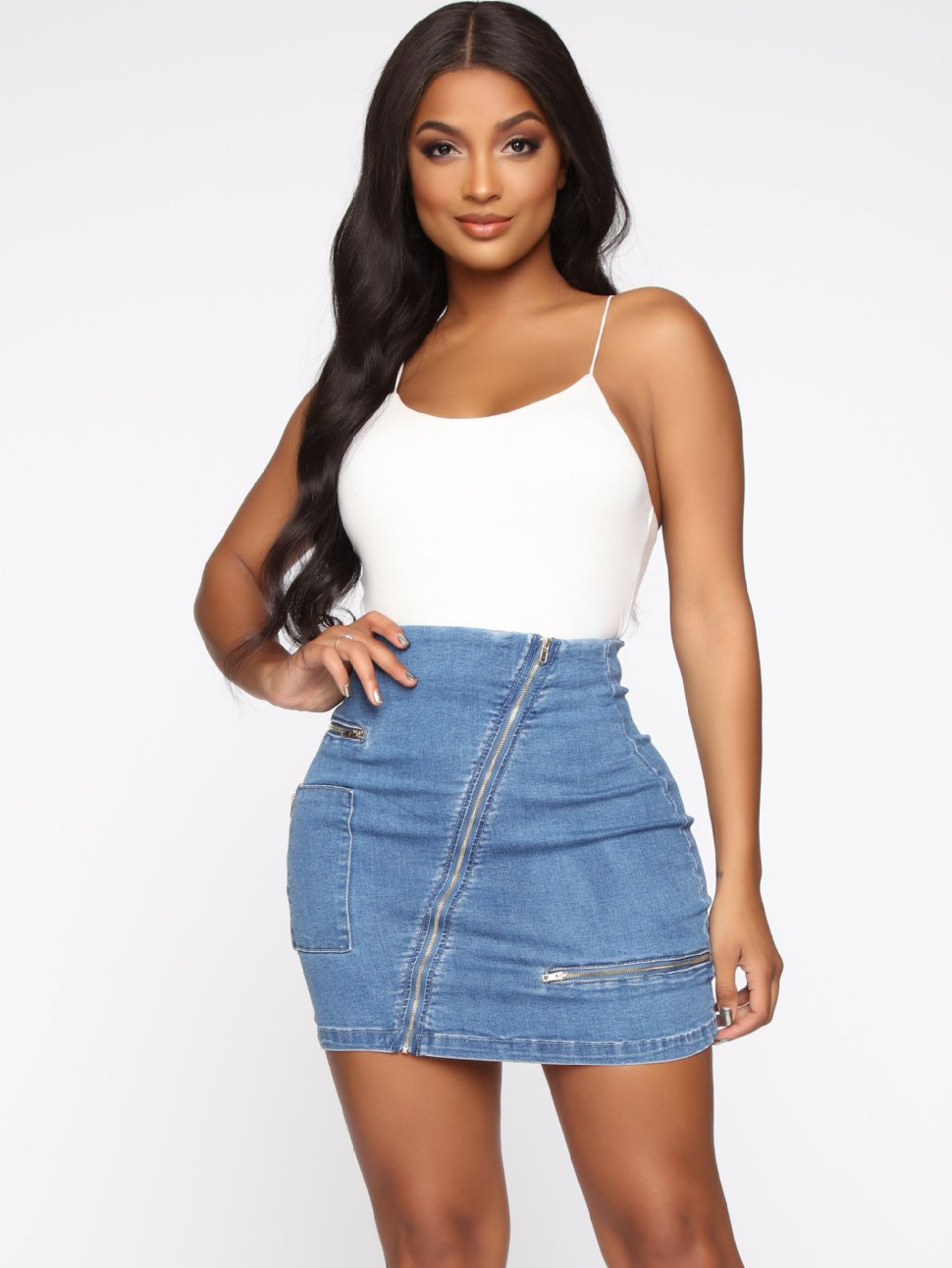 Solid Multiple Zipper High Waist Mini Denim Skirt