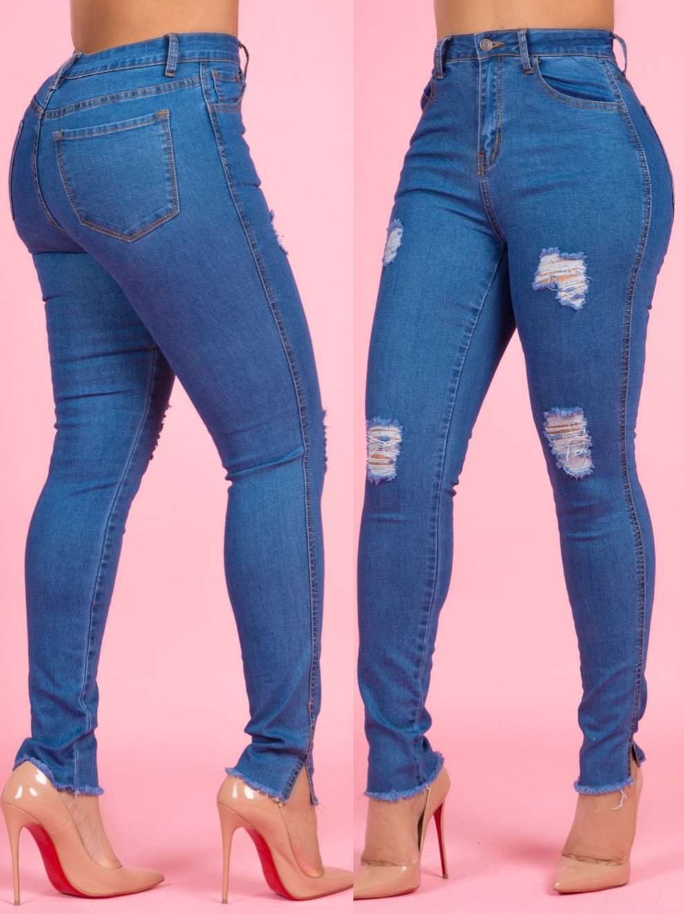 Trendy High Waist Blue Ripped Jeans for women