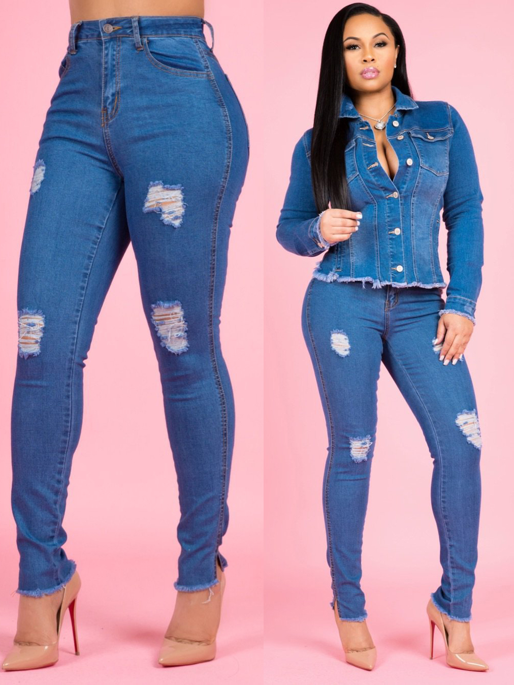 Trendy High Waist Blue Ripped Jeans for women