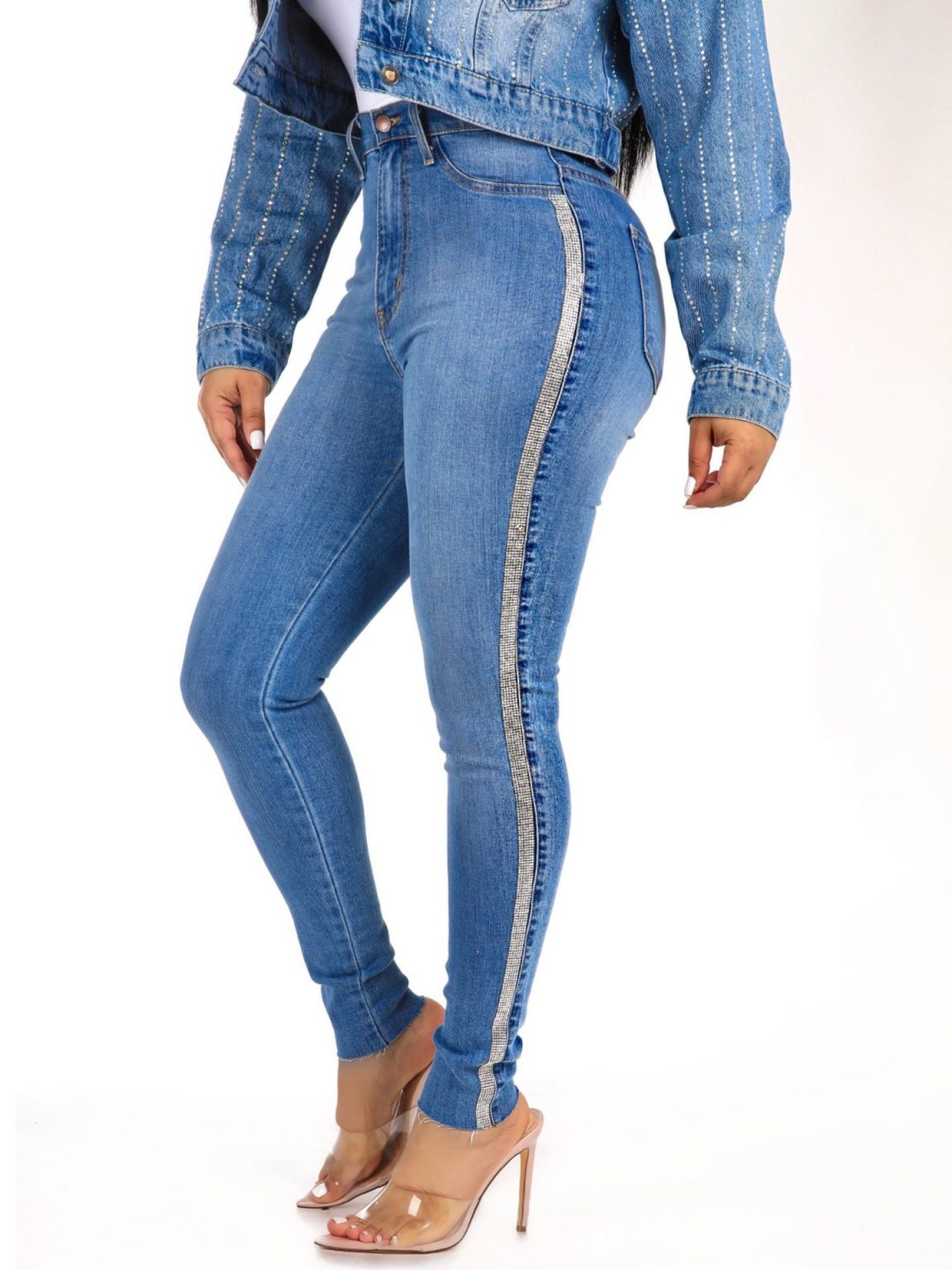 Custom Attractive Side Rhinestones High Waisted Jeans For Women