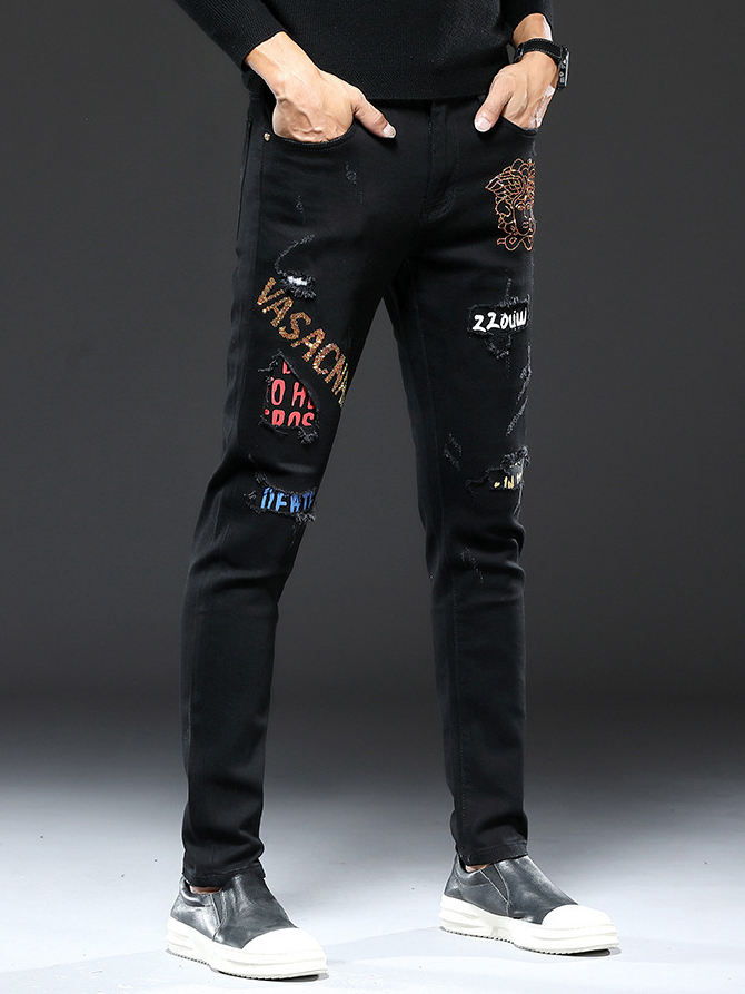 Tony Logo Letter Rhinestone Patch Black Jeans