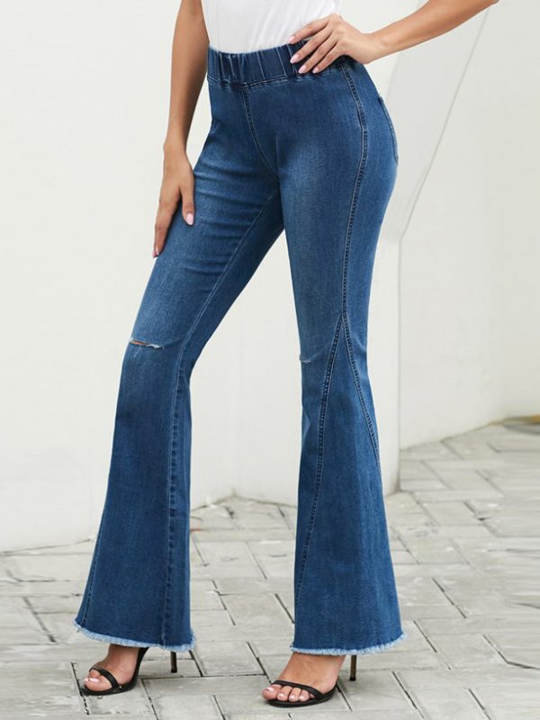 Attractive Elastic Waist Solid Color Bell Bottom ladies Jeans ...